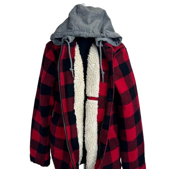 Levi's Cotton Buffalo Check Sherpa Lined Jersey Hooded Shirt Jacket Men's size M - Picture 5 of 10
